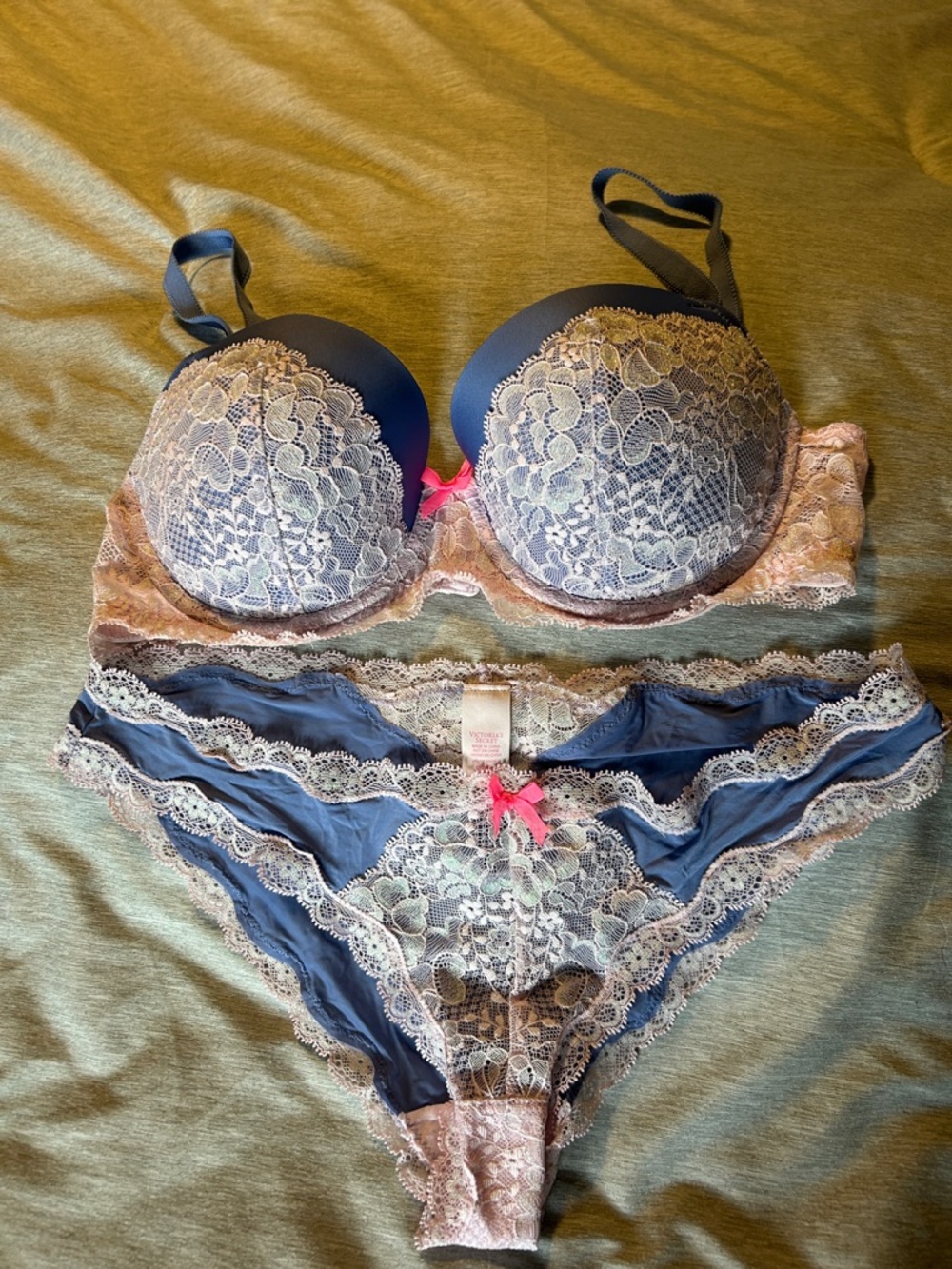 Navy Blue Lace Trim Bra & Bikini Set - Women's Intimates